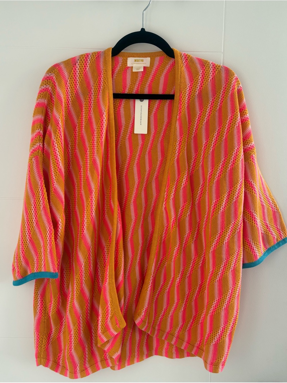 Anthropologie Maeve Pink & Mustard Striped Open-Front Cardigan